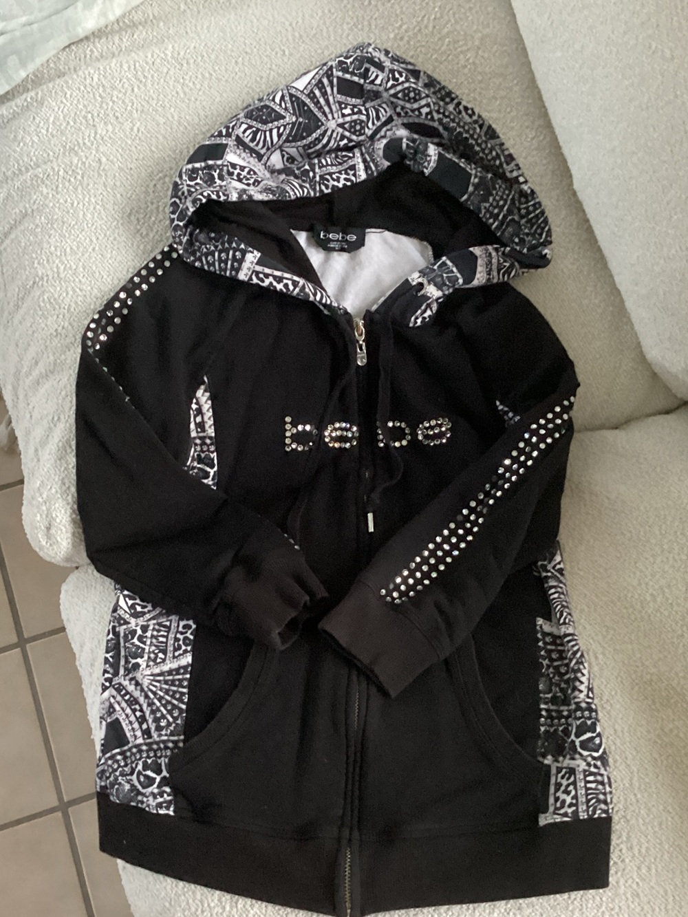 bebe Black Studded Zip Hoodie with Printed Lining